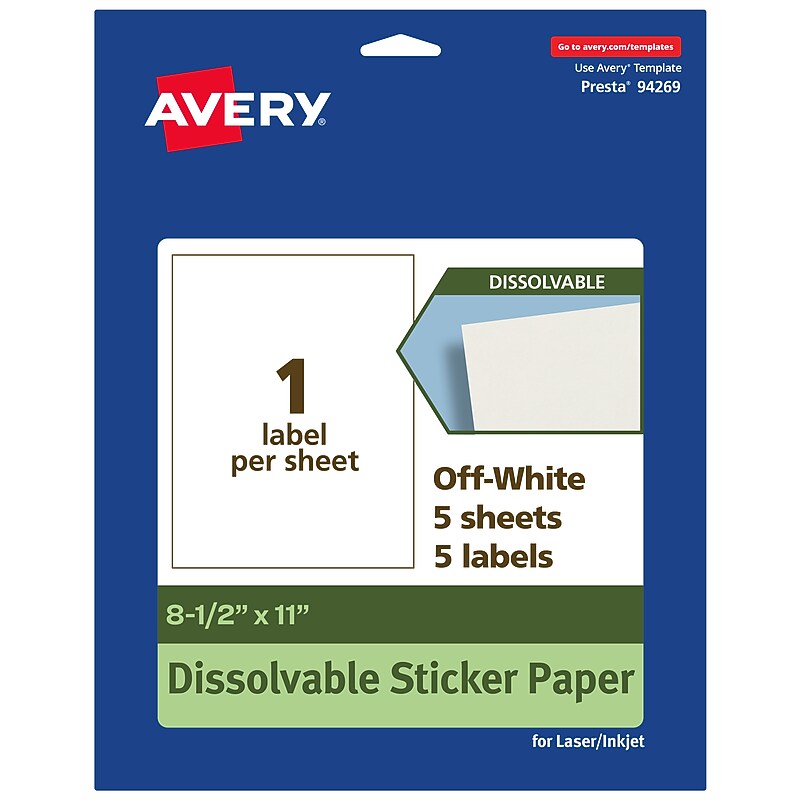 Avery Dissolvable Rectangle Multipurpose Labels, 8.5" x 11", Off-white, 5/Pack (94269) image 1