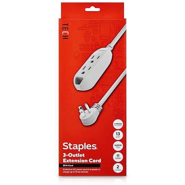 Staples TECH 25' Extension Cord, 3-Outlet, 16 AWG, Gray (ST22129