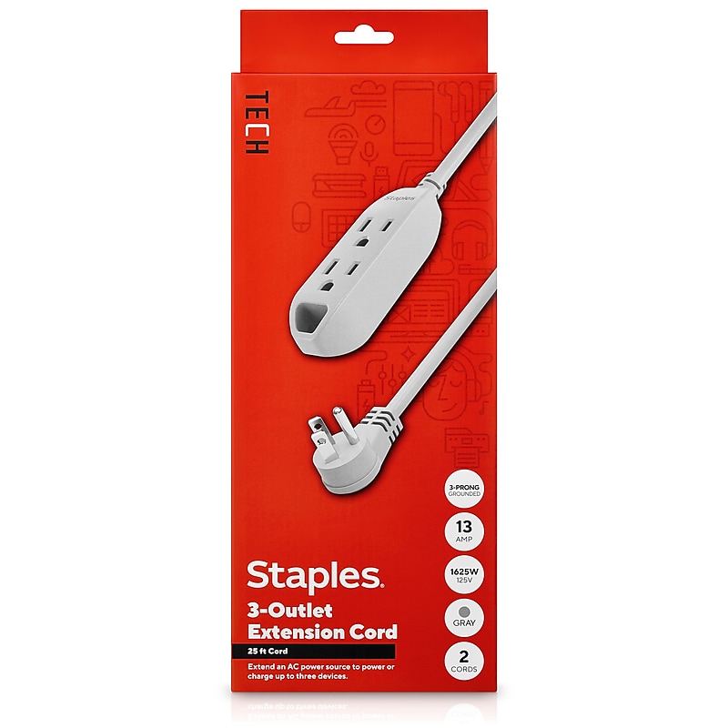 Staples TECH 25' Extension Cord, 3-Outlet, 16 AWG, Gray (ST22129-CC) image 1
