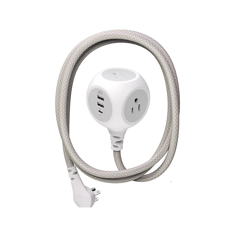 360 Electrical Powerball32 3-Outlet 3-USB Port Power Strip, 8', Luna Gray/White (3E0779-WLG6NA) image 1