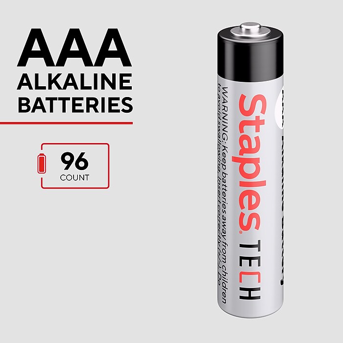Staples TECH AAA Alkaline Batteries, 96-Pack, Long-Lasting Power