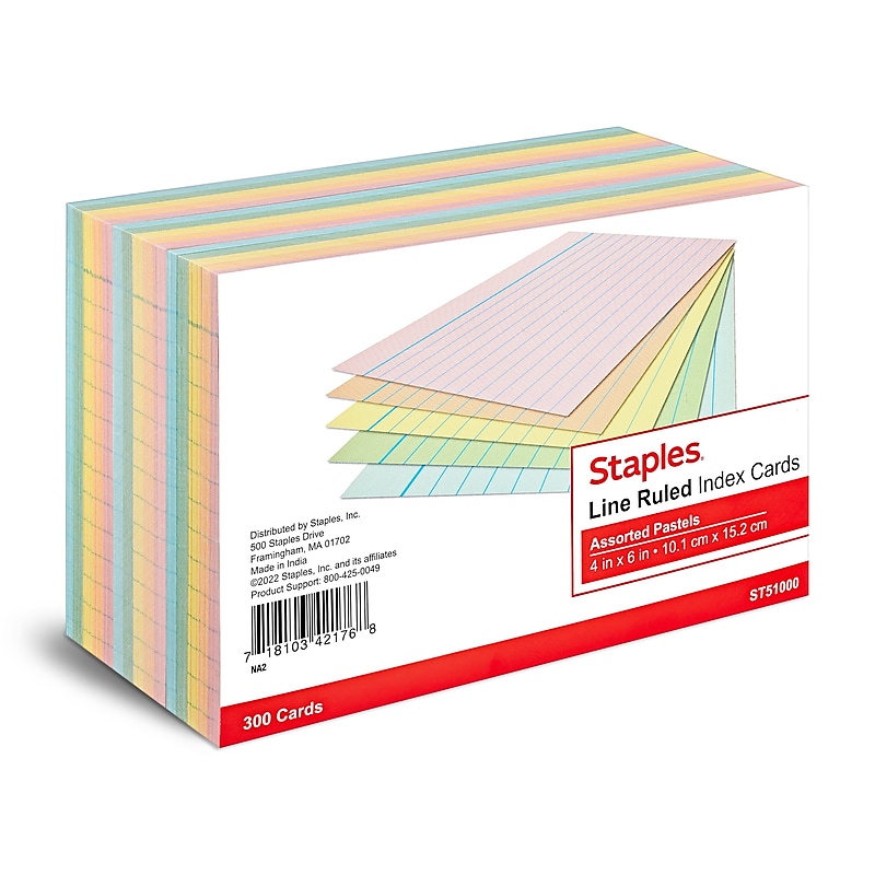 Staples 4" x 6" Index Cards, Lined, Assorted Colors, 300/Pack (TR51000) image 1