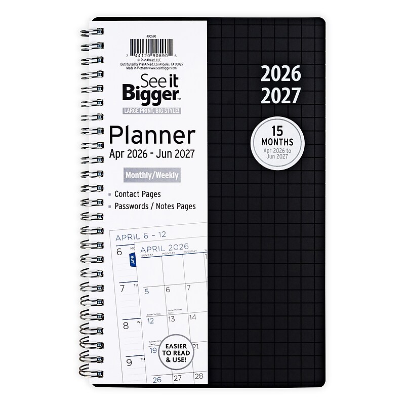 2026-2027 See It Bigger 8.75" x 5.75" Academic Year Weekly & Monthly Planner, Paperboard Cover, Black Grid (90590) image 1