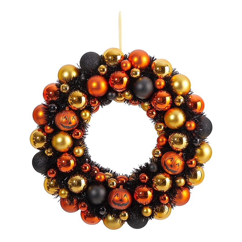 Nearly Natural Halloween Shatterproof Jack-o'-lantern Pumpkin Ornament Wreath, 19" (W1209) image 1