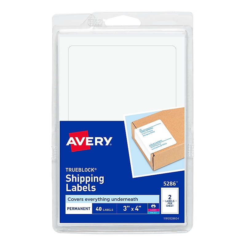 Avery TrueBlock Laser/Inkjet Shipping Labels, 3" x 4", White, 40 Labels/Pack (5286) image 1