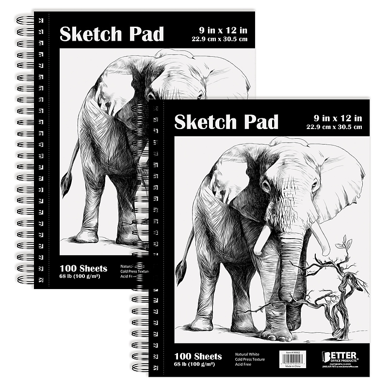 Better Office 9" x 12" Spiral Bound Drawing Sketch Pad, 100 Sheets/Pad, 2 Pads/Pack (01305) image 1