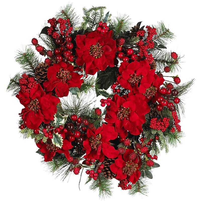 Nearly Natural 4660 24" Poinsettia Wreath, Red image 1