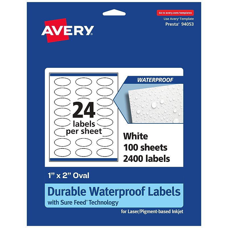 Avery Laser/Inkjet Oval  Waterproof Multipurpose Labels, 2"  Dia, White, 2400/Box (94053) image 1