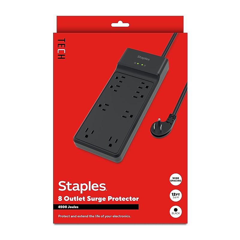 Staples TECH 8-Outlet Surge Protector, 12', 4500 Joules, Black (ST62782) image 1