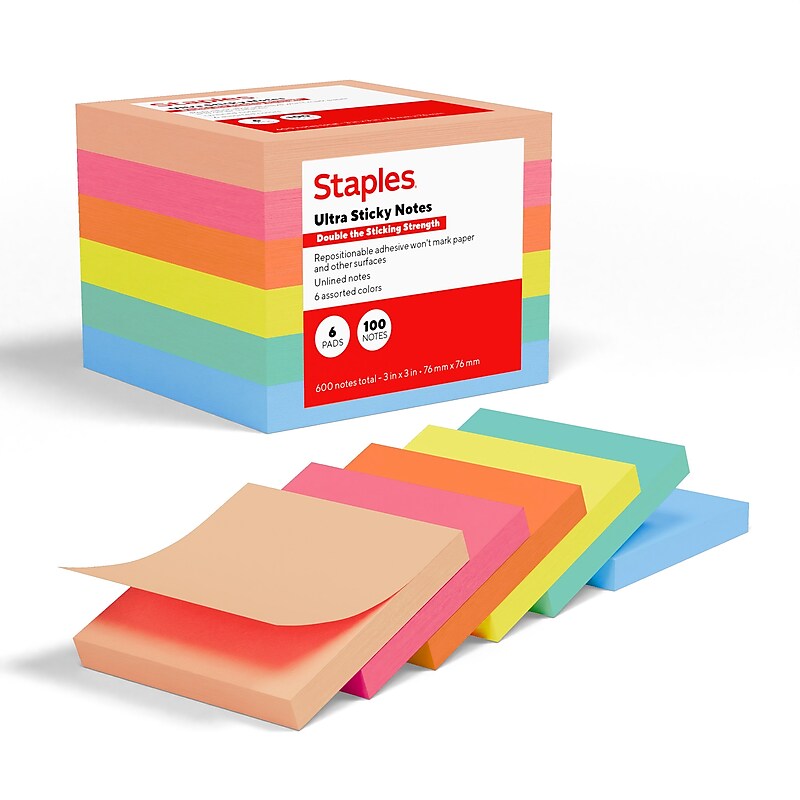 Staples Ultra Sticky Notes, 3" x 3", Golden Hour Collection, 100 Sheets/Pad, 6 Pads/Pack (ST62886) image 1