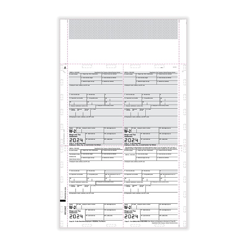 ComplyRight W-2 Tax Form. Pressure Seal, 4-Up, Box Format, Copies B,C,2,2, EZ-Fold Duplex, 14", 500/Pack (PS1280Z) image 1