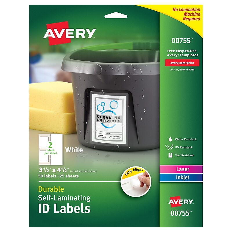 Avery Easy Align Laser/Inkjet Self-Laminating ID Labels, 3-1/2" x 4-1/2", White, 50 Labels/Pack (755) image 1