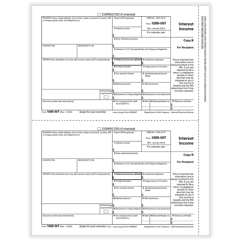 ComplyRight 2025 1099-INT Tax Form, 1-Part, 2-Up, Copy B, 50/Pack (512150) image 1