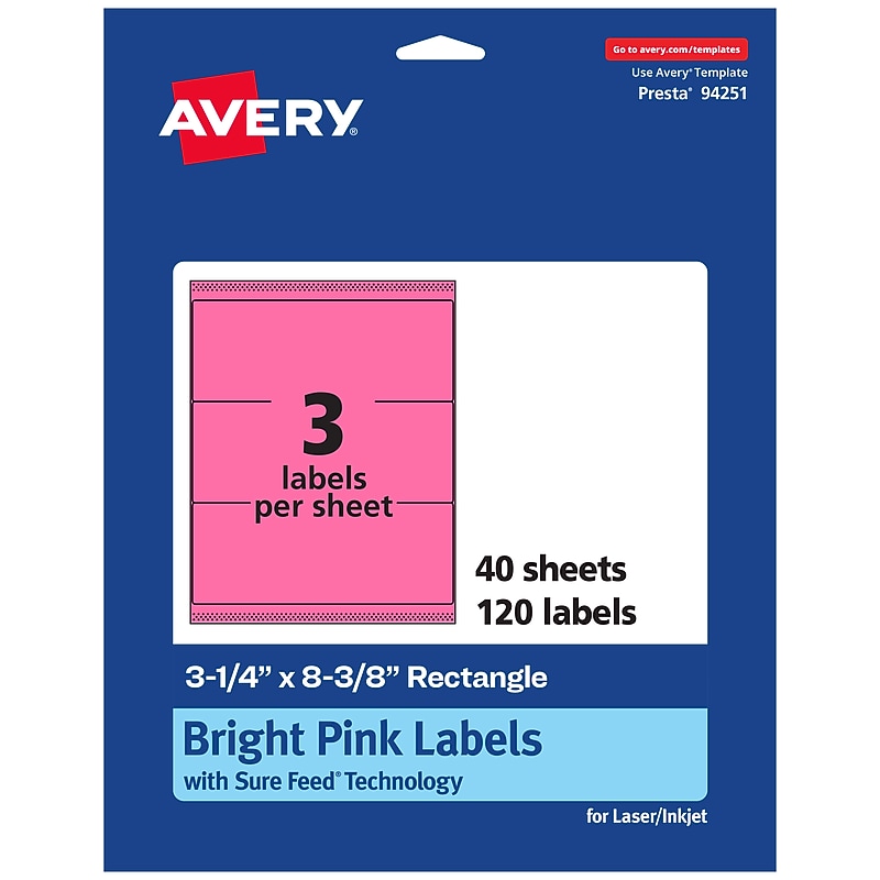 Avery Rectangle Laser/Inkjet Multipurpose Labels, 3-1/4" x 8-3/8", Bright Pink (120/Box) image 1