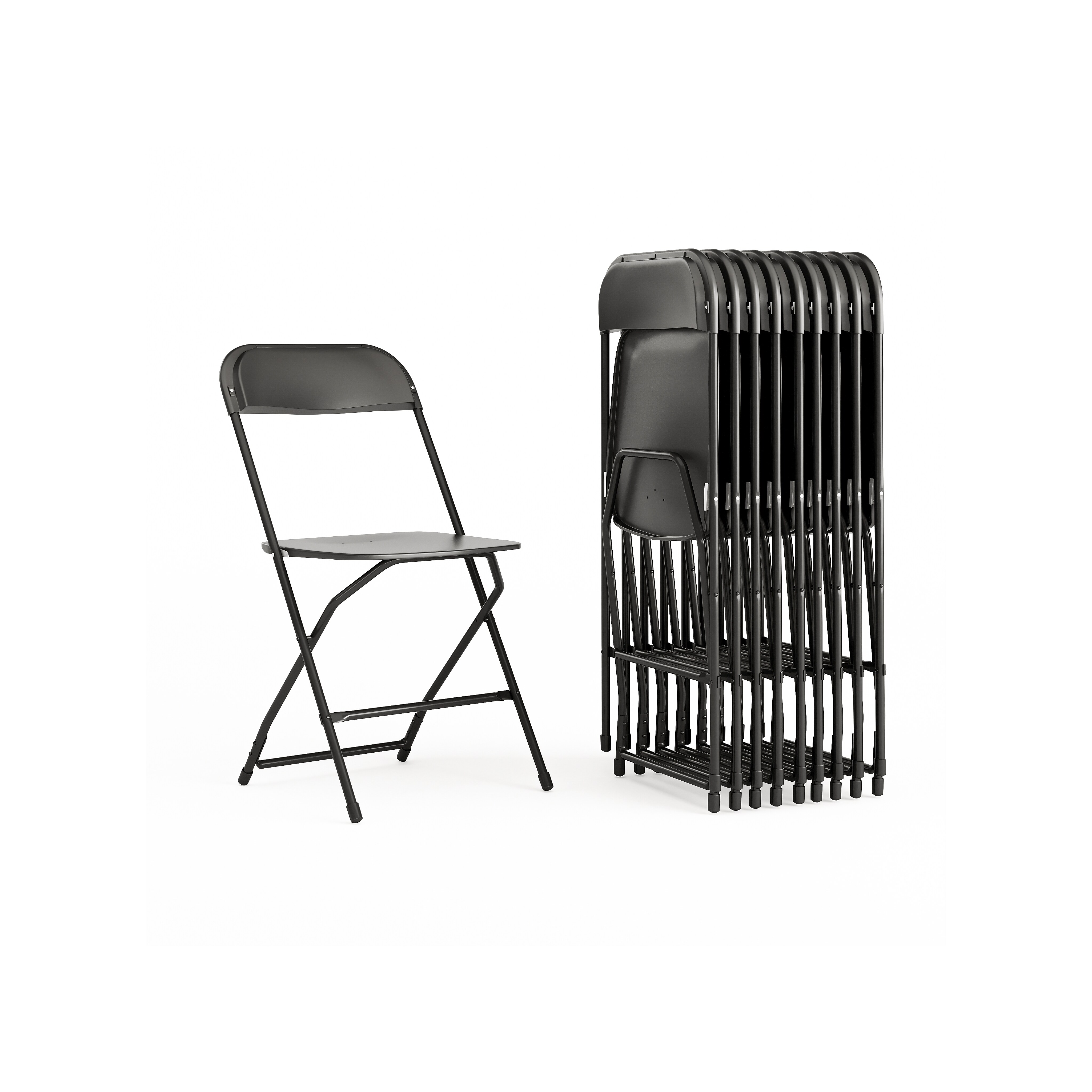 Black plastic folding chair with a metal frame and a gray seat.
