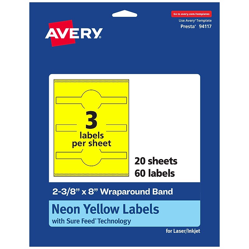 Avery Cigar Laser/Inkjet Multipurpose Labels, 2-3/8" x 8", Neon Yellow (60/Pack) image 1