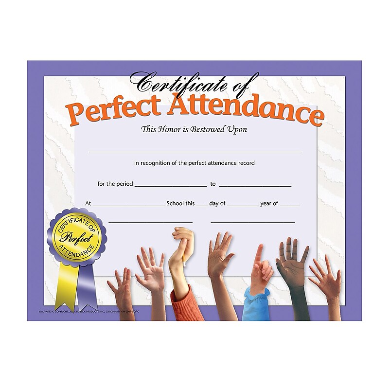 Flipside Certificate of Perfect Attendance, 8.5" x 11", Multicolor, 30/Pack, 5 Packs/Carton (VA613-5) image 1