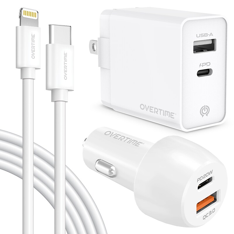 Delton Overtime USB-C/USB Wall & Car Chargers with Apple MFi Certified Cable for iPhone/iPad, White (CE14542A) image 1