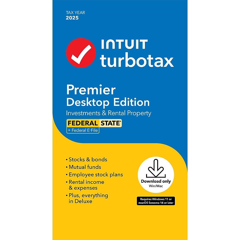 TurboTax Premier Desktop Edition 2025, Federal & State Tax Return, Windows/Mac, Product Key Card image 1