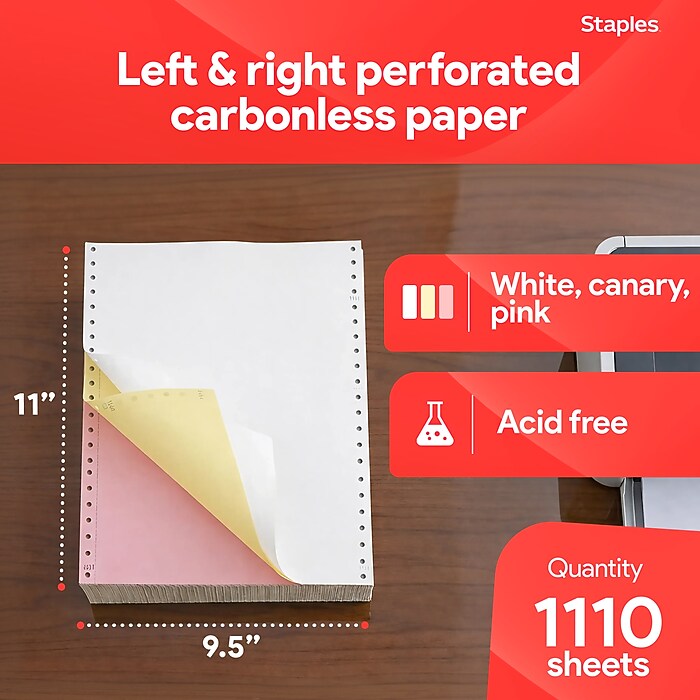 Staples Multi-Part Colored Computer Paper, 9 1/2
