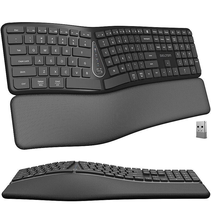 Delton KB250 Ergonomic Wireless Curved Keyboard with Cushioned Wrist Rest, Black (DKBE250-WR) image 1