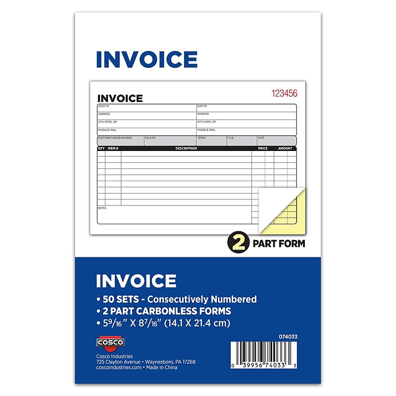 Cosco 2-Part Carbonless Invoices, 5.56" x 8.44", 50 Sets/Book, 5/Pack (074033PK5) image 1