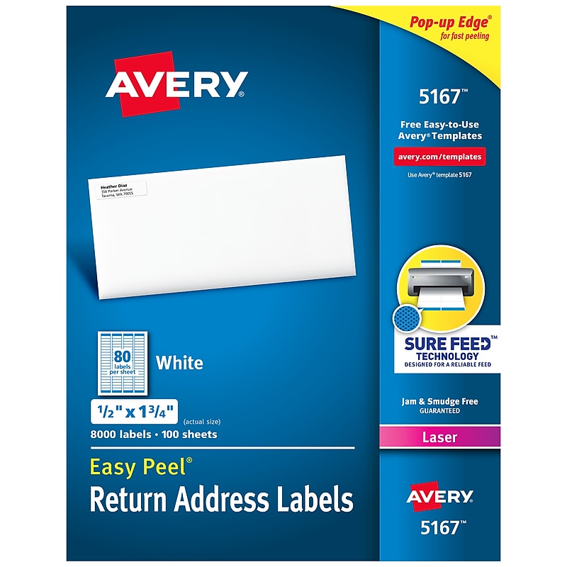 Avery Easy Peel Laser Return Address Labels, 1/2" x 1-3/4", White, 8,000 Labels/Pack (5167) image 1