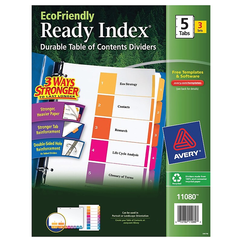 Avery Ready Index Table of Contents EcoFriendly Paper Dividers, 1-5 Tabs, Multicolor, 3 Sets/Pack (11080) image 1