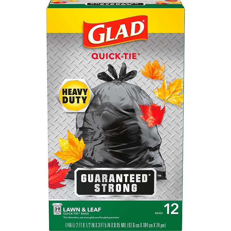Glad Quick-Tie 39 Gallon Lawn & Leaf Bag, Black, 12 Total Bags (70028) image 1