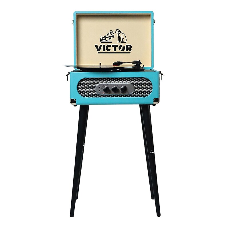 Victor Andover Dual-Bluetooth Belt-Drive 5-in-1 Suitcase-Style Record Player with Legs, Turquoise (VWRP-3200-TQ) image 1
