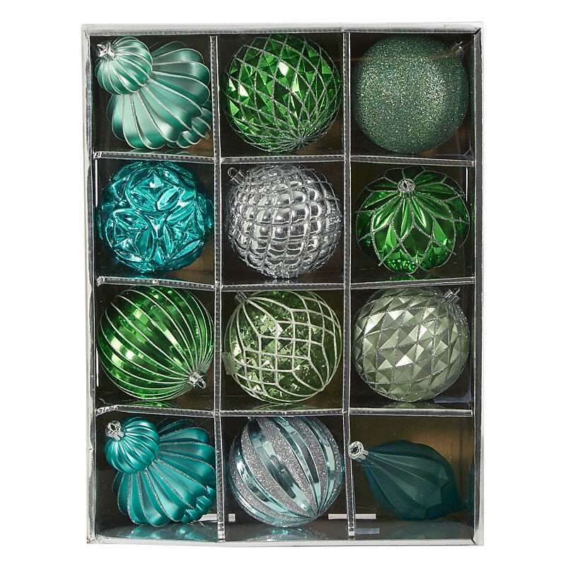Nearly Natural Holiday Lux Shatterproof Silver Christmas Tree Ornament Set, 100mm, 12/Set (D1004-SV) image 1