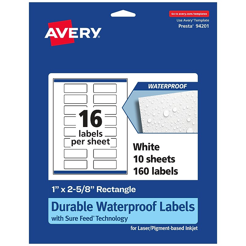 Avery Laser/Inkjet Rectangle Waterproof Multipurpose Labels, 2.625"  x 1", White, 160/Pack (94201) image 1