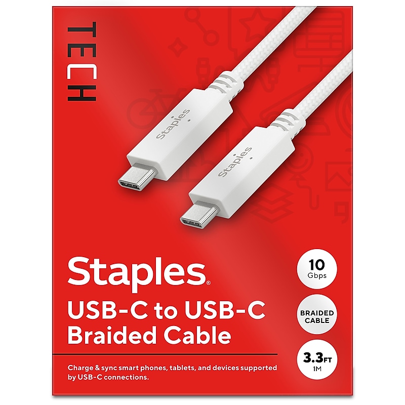 Staples TECH USB-C to USB-C Charging Cable, 3.3 ft., White (ST62317) image 1