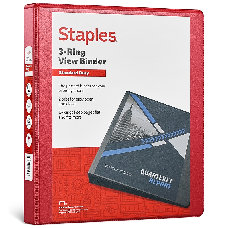 Staples 1" 3-Ring View Binders, D-Ring, Red (58652) image 1