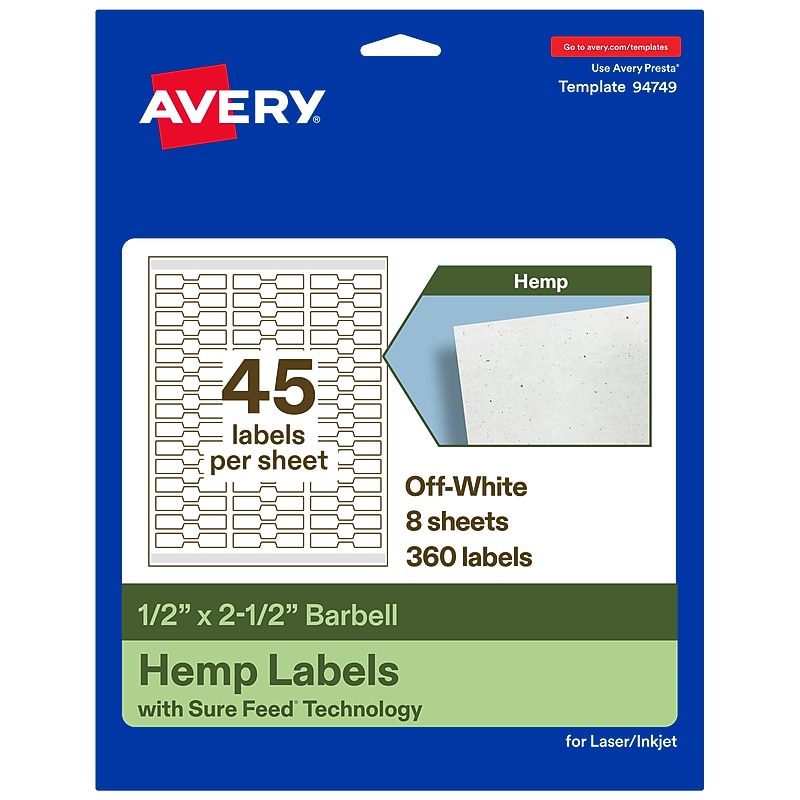 Avery Hemp Barbell Laser/Inkjet Multipurpose Labels, 1/2" x 2-1/2", Off-White (360/Pack) image 1