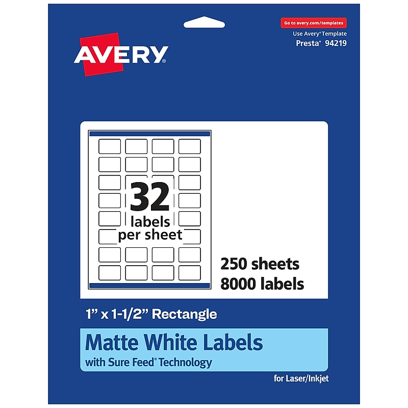 Avery Laser/Inkjet Rectangle Multipurpose Labels, 1" x 1.5", White, 8000 Labels/Box (94219) image 1