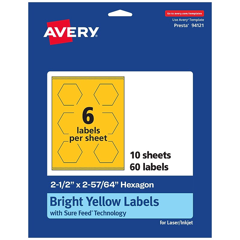 Avery Hexagon Laser/Inkjet Multipurpose Labels, 2-1/2" x 2-57/64", Bright Yellow (60/Pack) image 1