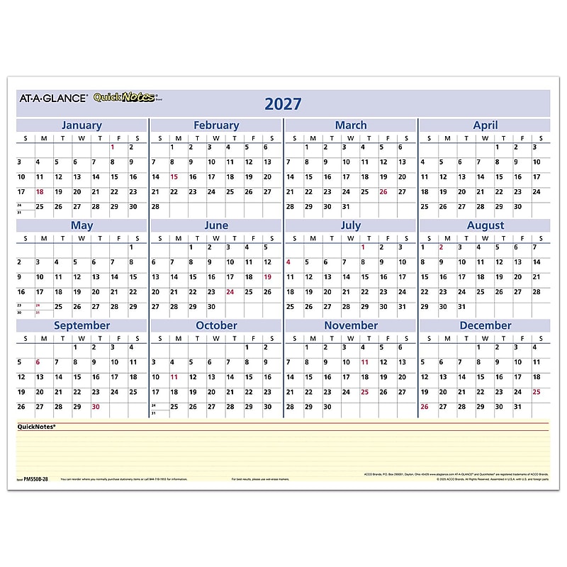 2027 AT-A-GLANCE QuickNotes 16" x 12" Yearly Undated Dry Erase Wall Calendar, Reversible (PM550B-28-27) image 1