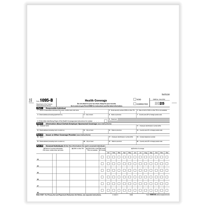ComplyRight 2025 1095-B Tax Form, 1-Part, White/Black, 50/Pack (1095B50) image 1
