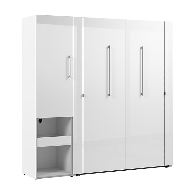Bestar Avalon Full Murphy Bed and Storage Cabinet with Pull-Out Shelf (81W) - High-Gloss White image 1