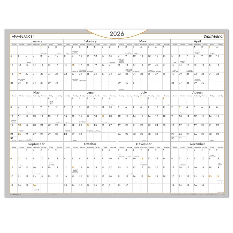 2026 AT-A-GLANCE WallMates 24" x 18" Yearly Dry-Erase Wall Calendar, White/Gray (AW5060-28-26) image 1