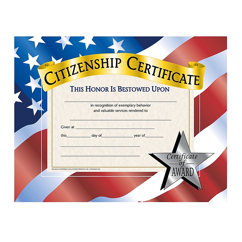 Hayes Citizenship Certificate, 8.5" x 11", 30 Certificates (H-VA525) image 1