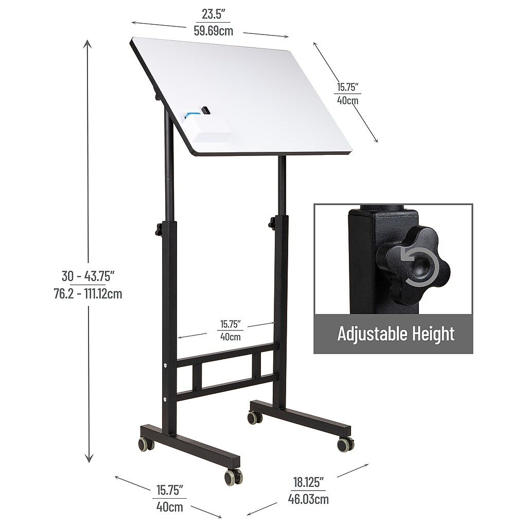 Product dimensions diagram of adjustable standing whiteboard desk