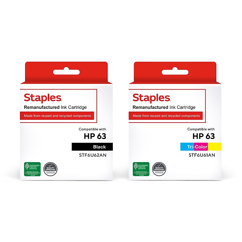 Staples Remanufactured Black/TriColor High Yield Ink Cartridge Replacement for HP 63, 2/Pack (STF6U62-61AN2PK-VB) image 1