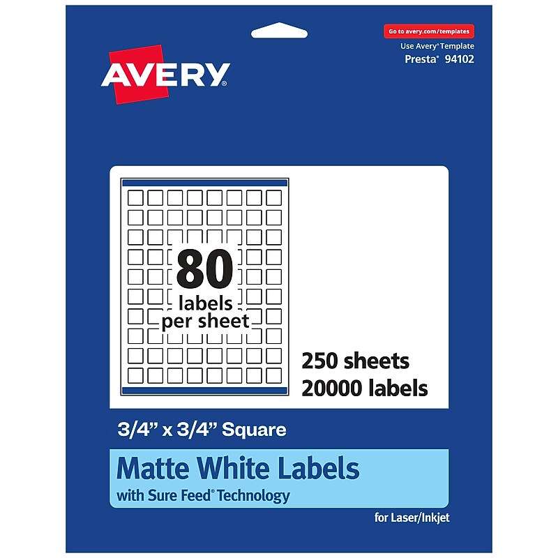 Avery Laser/Inkjet Square Multipurpose Labels, 0.75" x 0.75", White, 20000 Labels/Box (94102) image 1