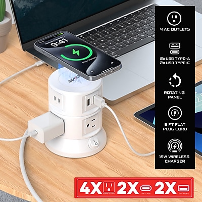 RAYOVAC Charging Tower 6-Outlet 4-USB Port Surge Protector with Wireless Charging, 5-ft., 540 Joules, White (SS-Q913) Sansujyuku sansujyuku.com