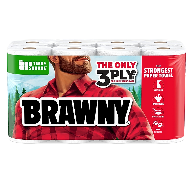 Brawny Tear-A-Square Paper Towels, 3-ply, 76 Sheets/Roll, 8 Rolls/Pack (446005) image 1