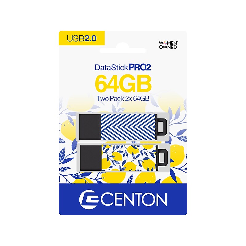 Centon DataStick Pro 2 64GB USB 2.0 Type-A Flash Drives, Abstract Blue/Lemon Sweet, 2/Pack (C1-U3T066-64G-2) image 1