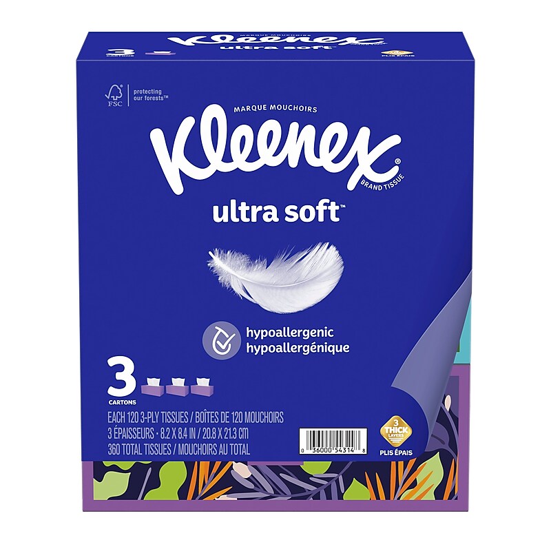 Kleenex Ultra Soft Facial Tissue, 3-Ply, 120 Tissues/Box, 3 Boxes/Pack (54314) image 1