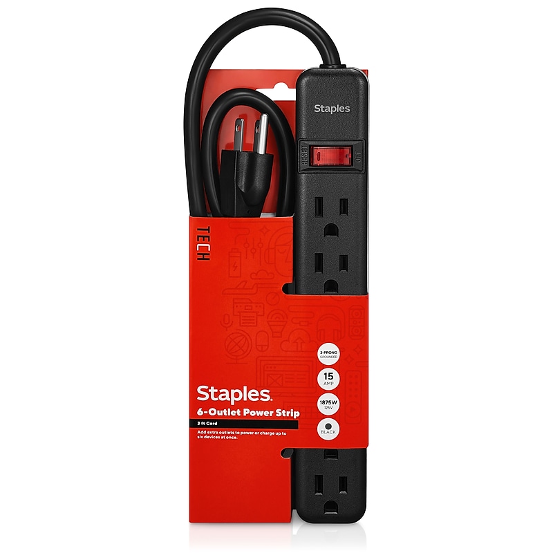 Staples TECH 6-Outlet Power Strip, 3' Cord, Black (22148) image 1